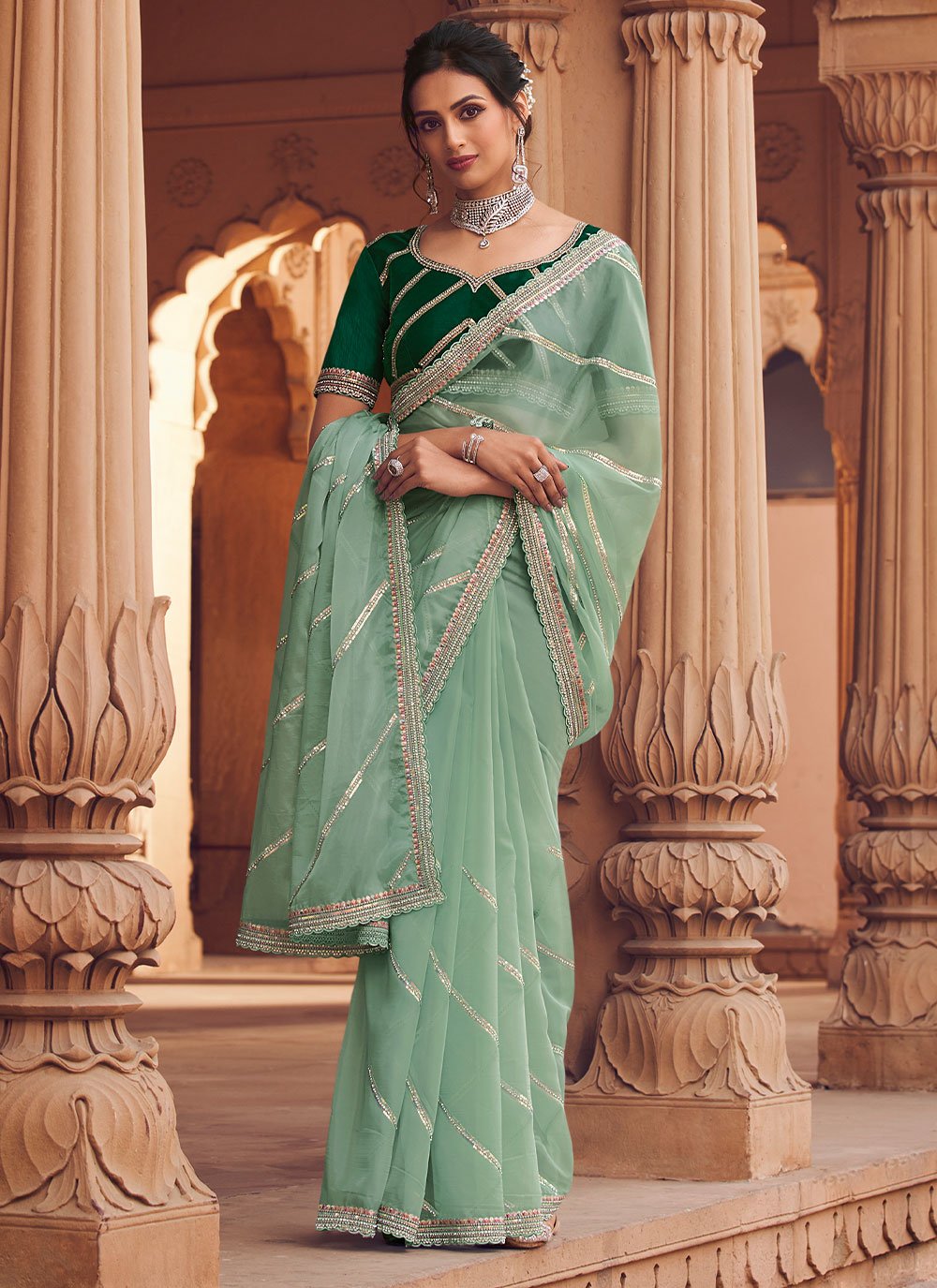 Trendy Saree Organza Sea Green Crystals Saree