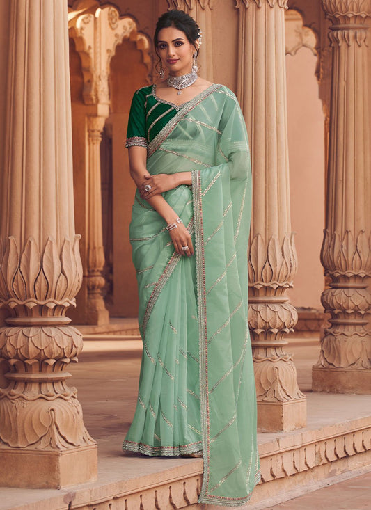 Trendy Saree Organza Sea Green Crystals Saree