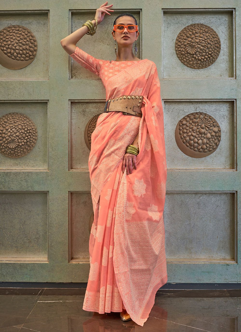 Trendy Saree Lucknowi Peach Chikankari Work Saree