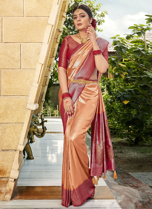 Trendy Saree Silk Peach Fancy Work Saree