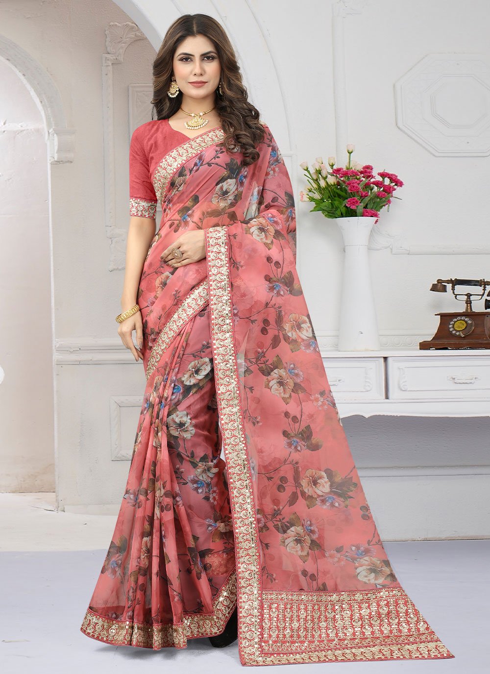 Trendy Saree Organza Peach Cord Work Saree