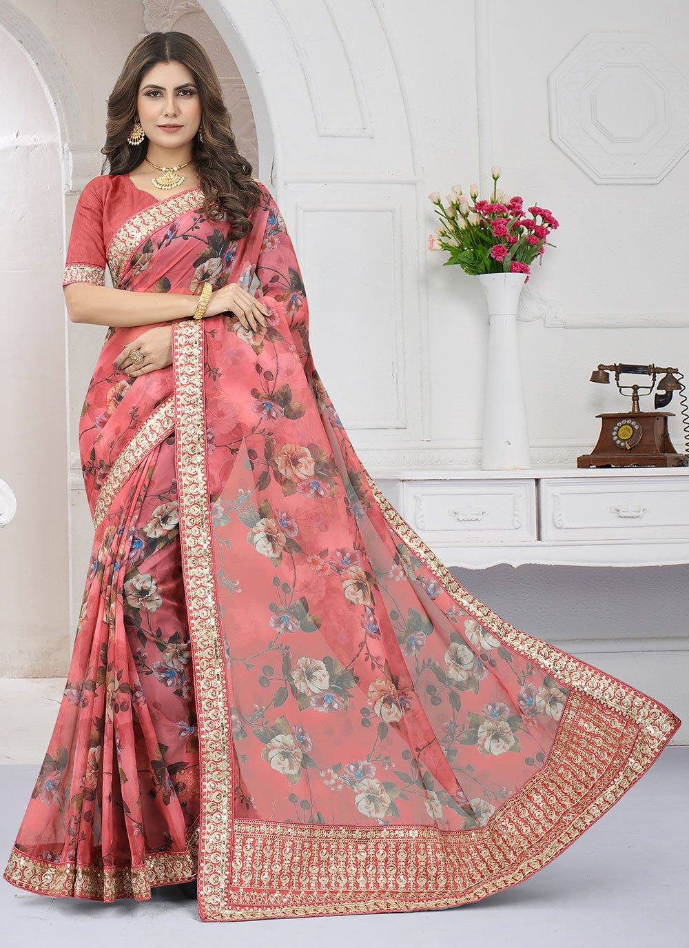 Trendy Saree Organza Peach Cord Work Saree