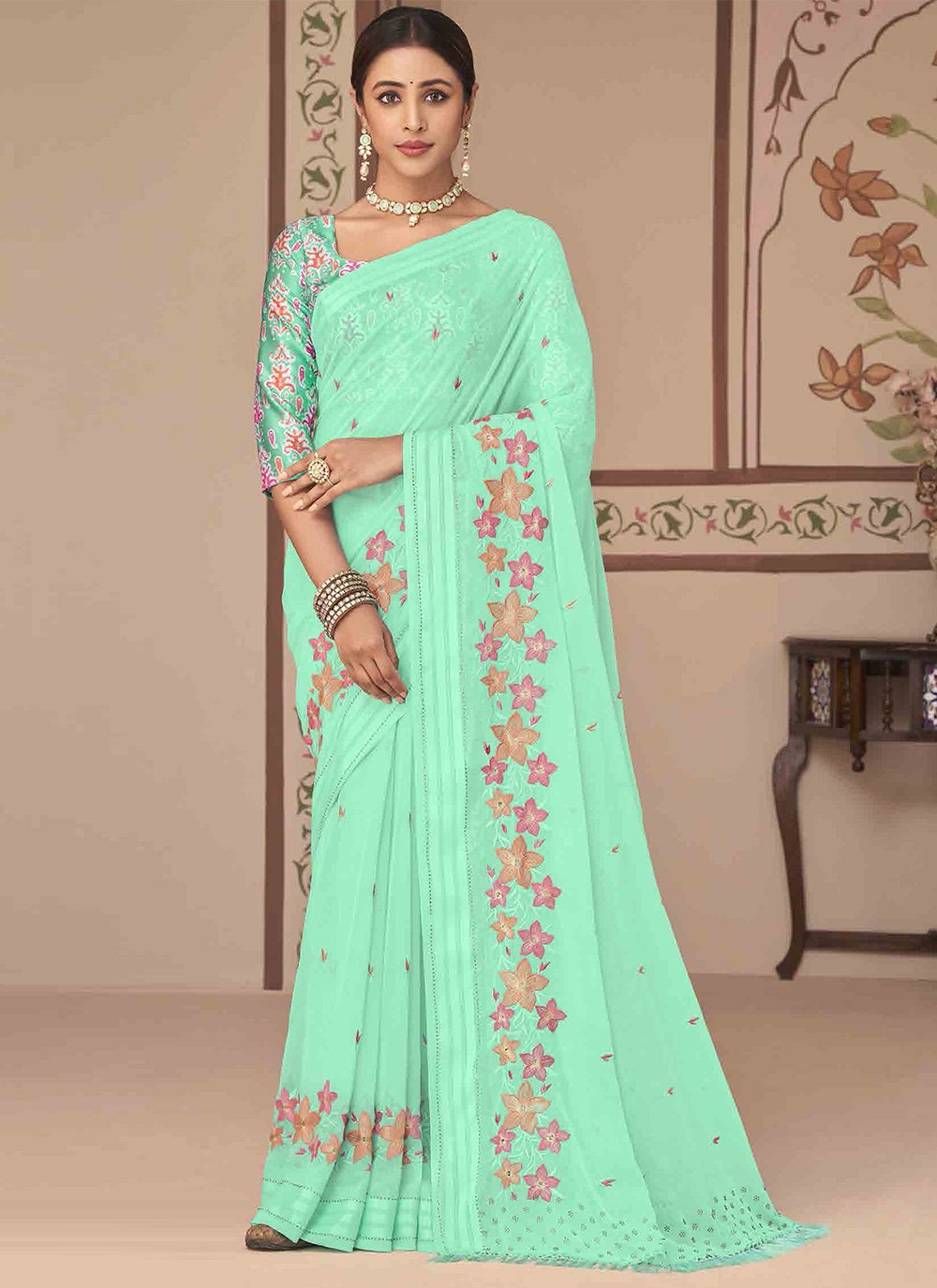 Trendy Saree Georgette Sea Green Embroidered Saree