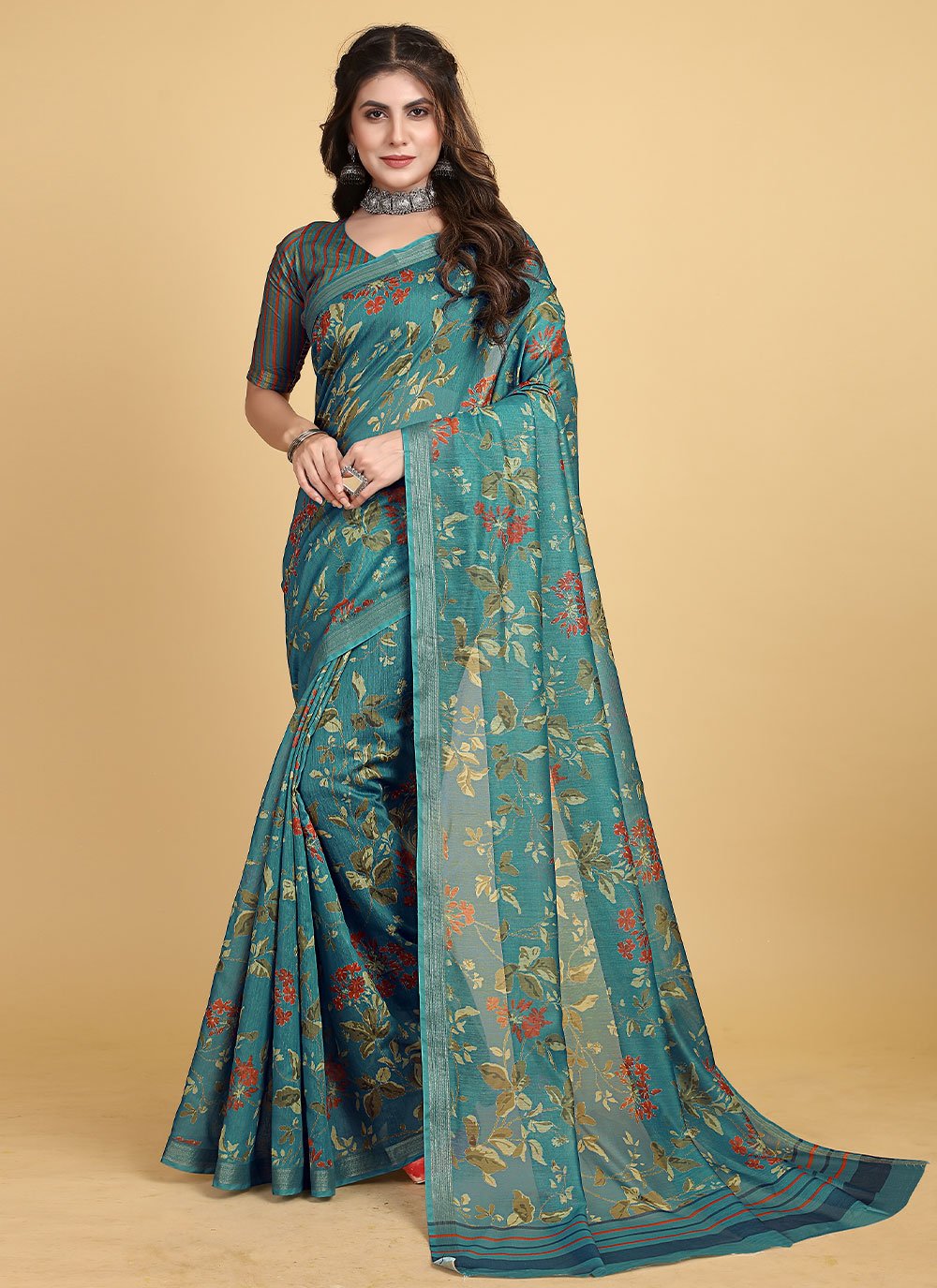 Trendy Saree Chanderi Cotton Teal Print Saree