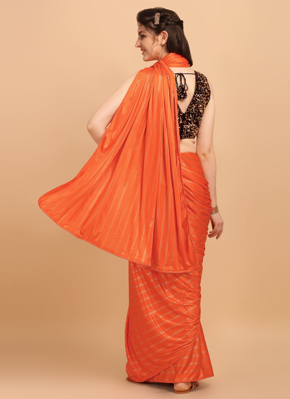 Trendy Saree Lycra Orange Strips Print Saree