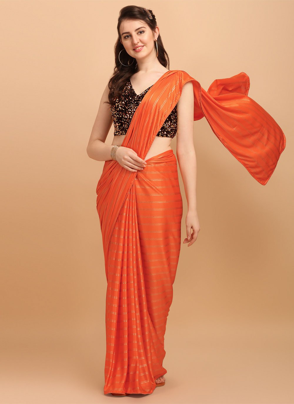 Trendy Saree Lycra Orange Strips Print Saree