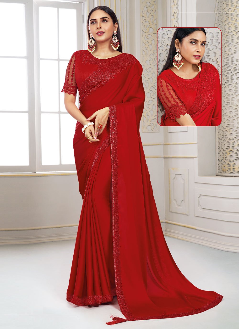 Trendy Saree Polyester Red Embroidered Saree