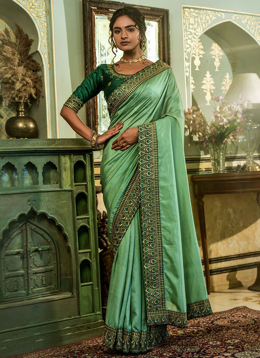 Trendy Saree Vichitra Silk Green Embroidered Saree