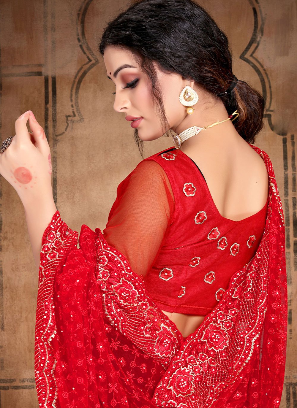 Trendy Saree Net Red Diamond Saree