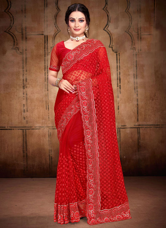 Trendy Saree Net Red Diamond Saree