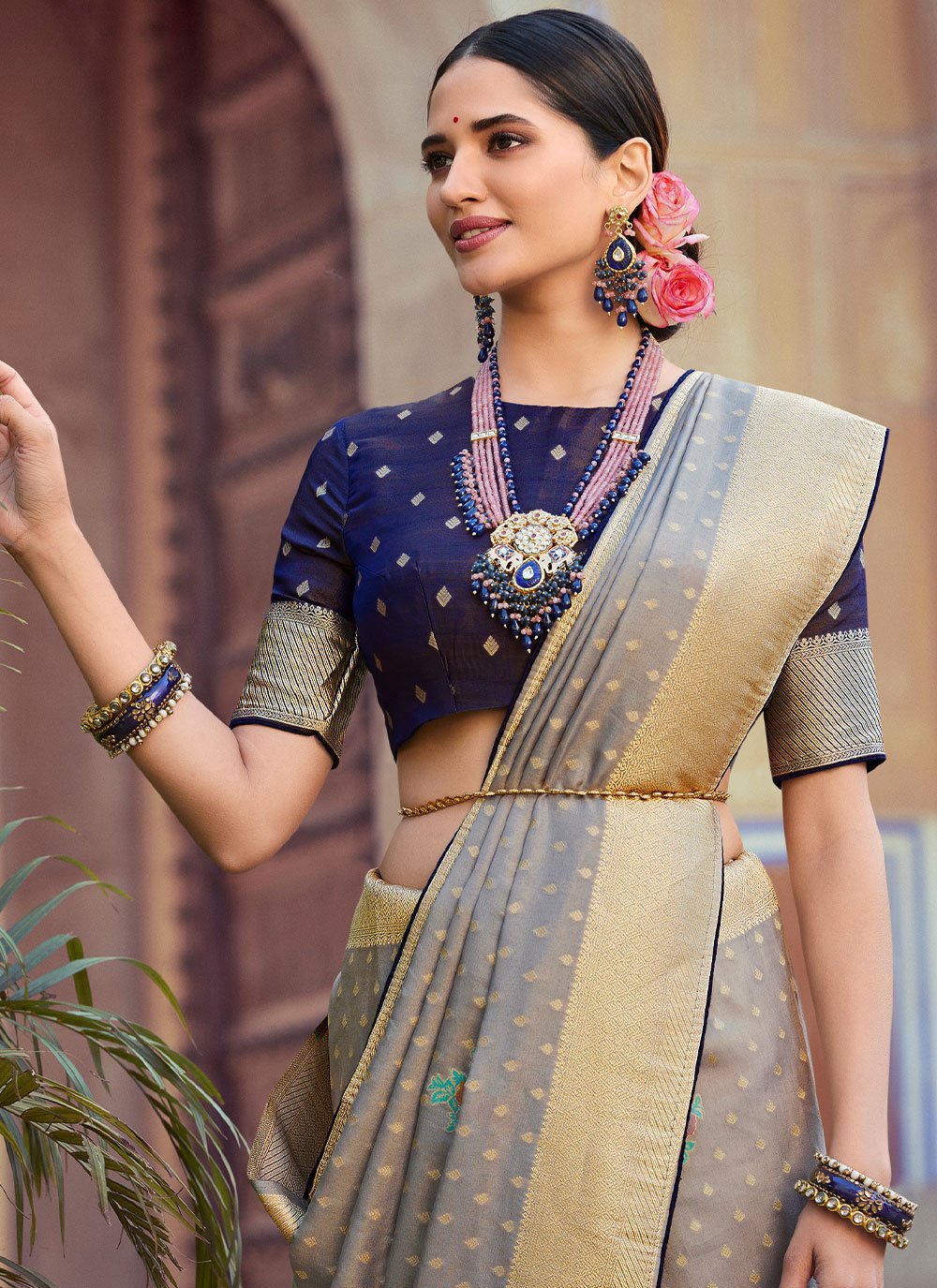 Trendy Saree Silk Tissue Grey Woven Saree