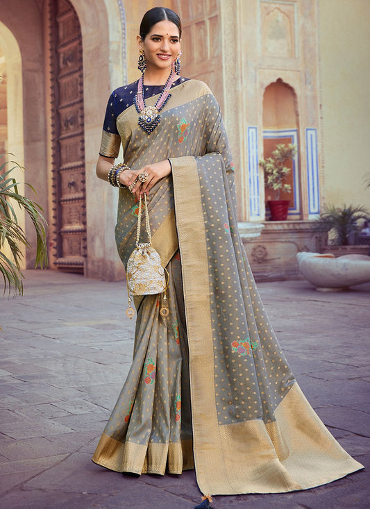 Trendy Saree Silk Tissue Grey Woven Saree