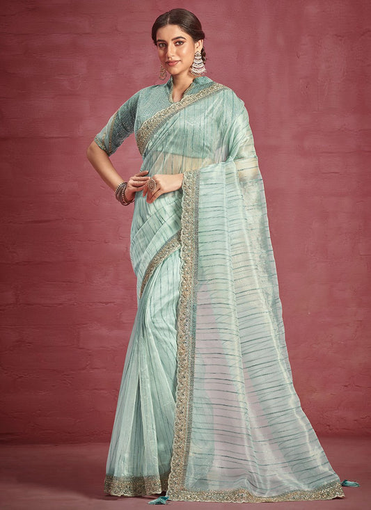 Trendy Saree Jacquard Organza Sea Green Embroidered Saree