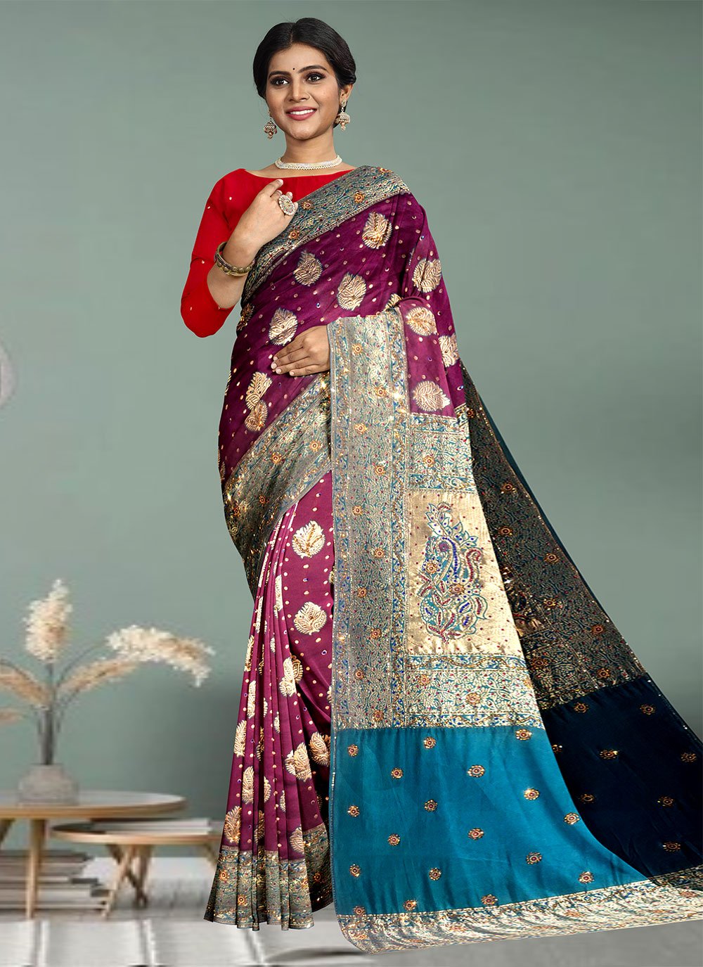 Trendy Saree Kanchipuram Silk Wine Hand Work Saree