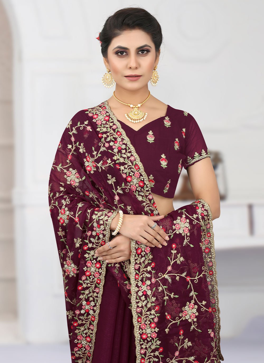 Trendy Saree Shimmer Wine Embroidered Saree