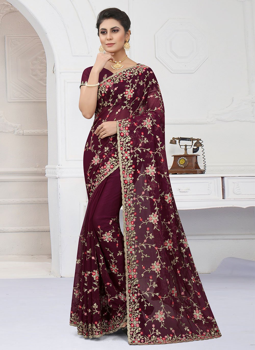 Trendy Saree Shimmer Wine Embroidered Saree