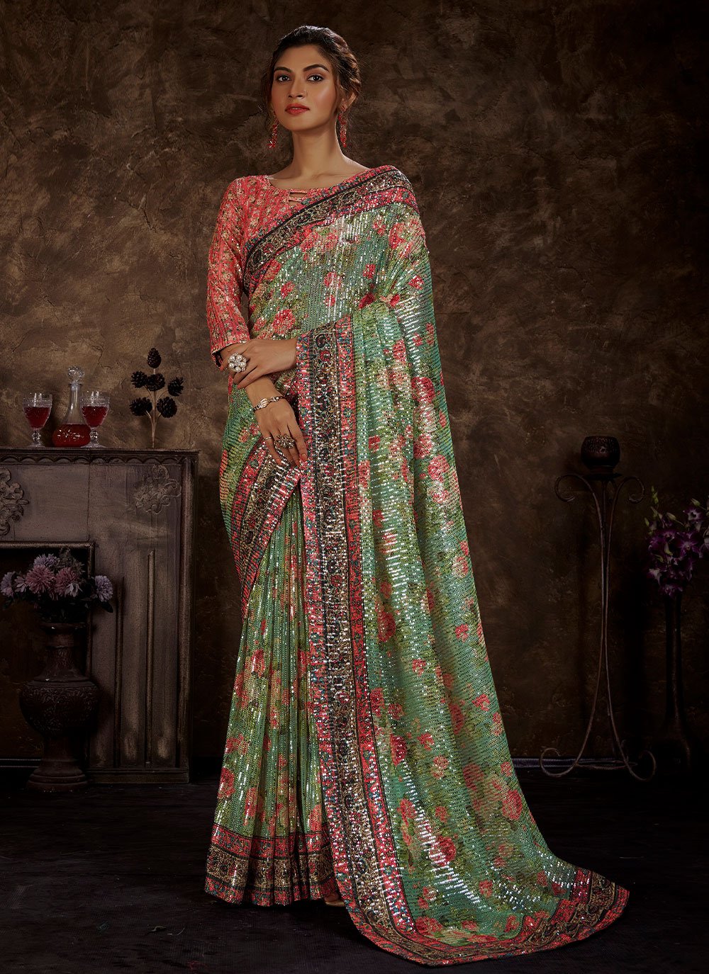 Trendy Saree Imported Sea Green Sequins Saree