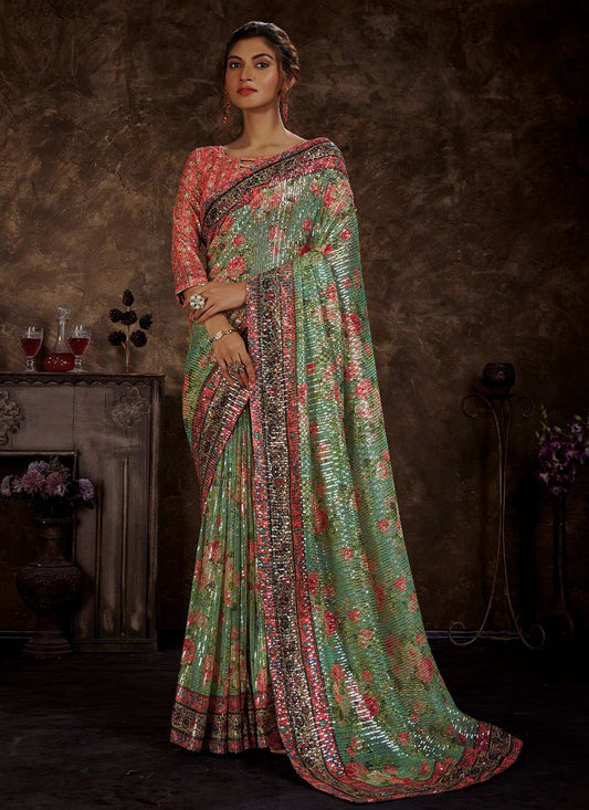 Trendy Saree Imported Sea Green Sequins Saree