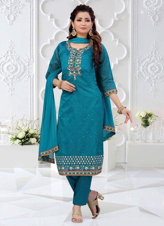 Salwar Suit Art Silk Turquoise Embroidered Salwar Kameez