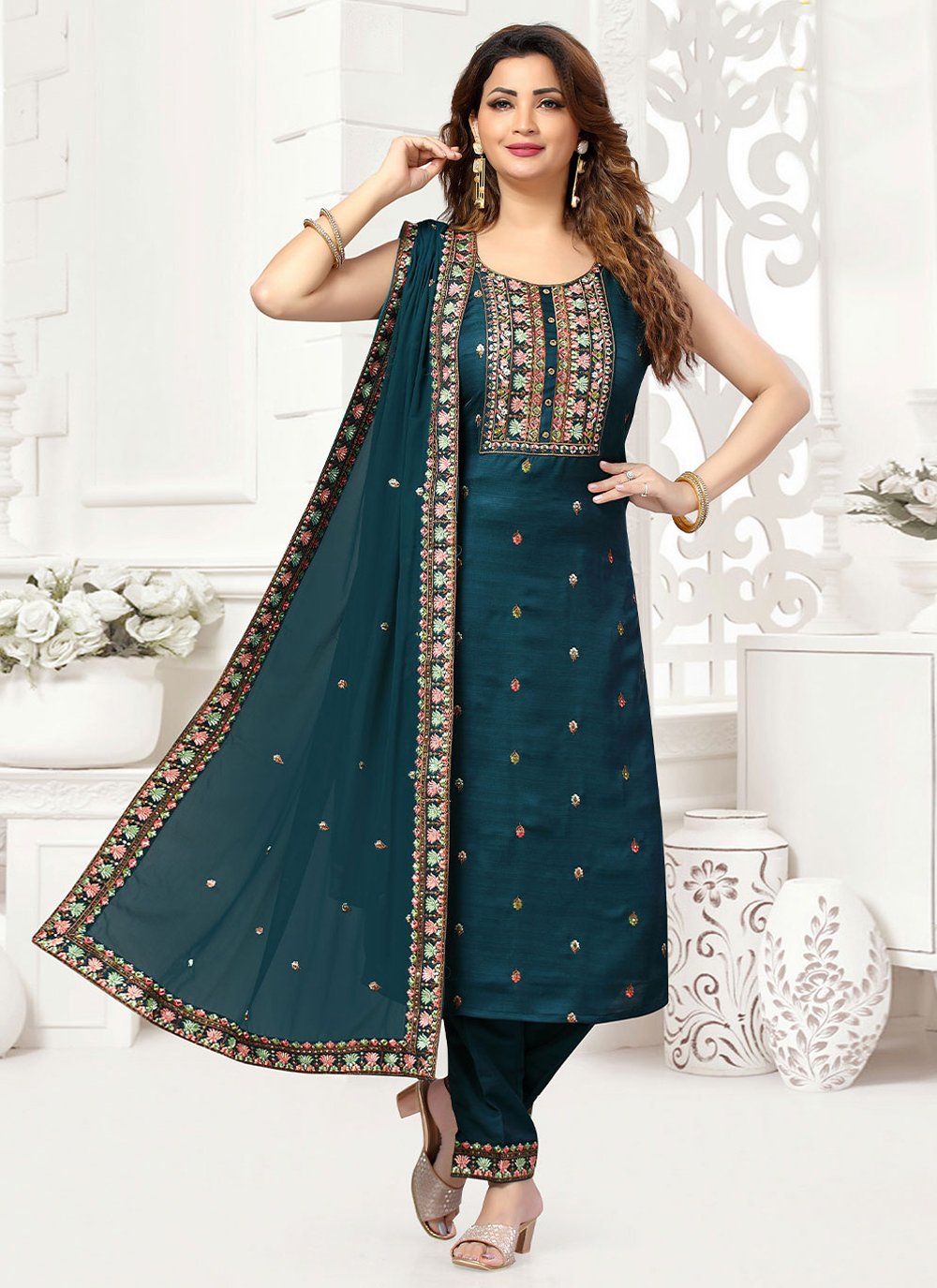 Salwar Suit Art Silk Turquoise Embroidered Salwar Kameez