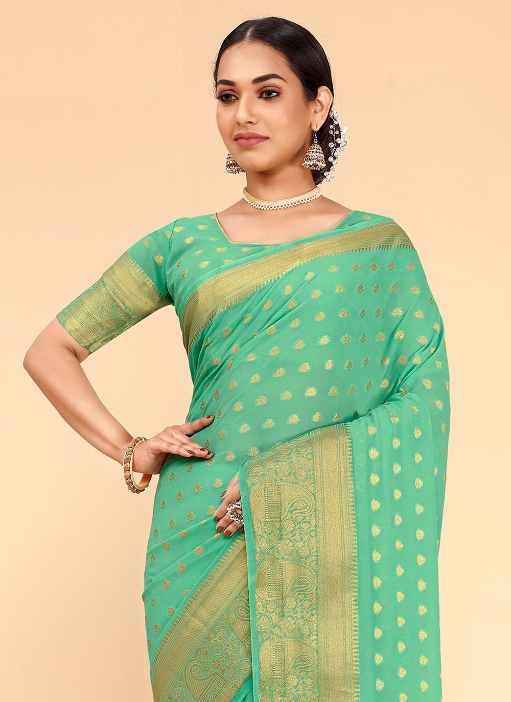 Trendy Saree Georgette Kanjivaram Silk Turquoise Patch Border Saree