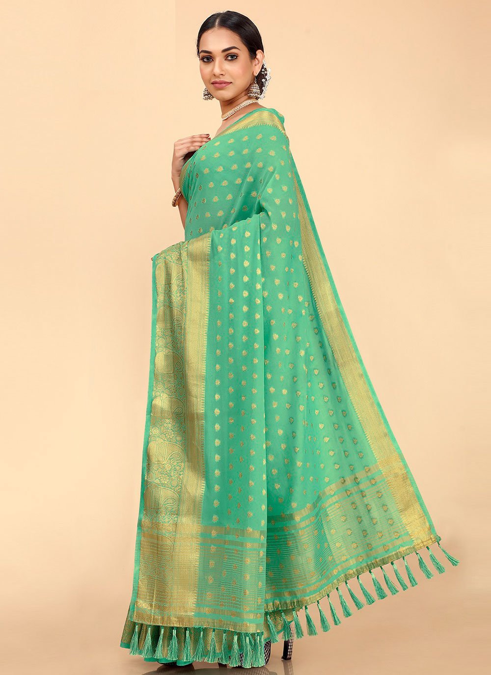 Trendy Saree Georgette Kanjivaram Silk Turquoise Patch Border Saree