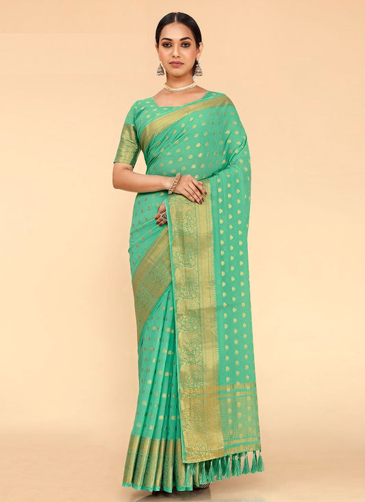 Trendy Saree Georgette Kanjivaram Silk Turquoise Patch Border Saree