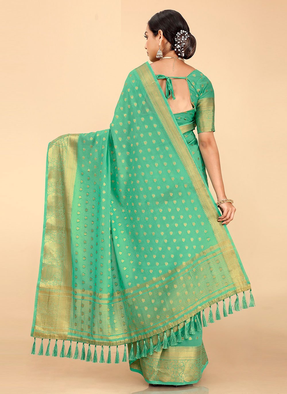 Trendy Saree Georgette Kanjivaram Silk Turquoise Patch Border Saree