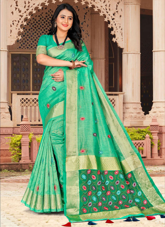 Classic Silk Tissue Turquoise Embroidered Saree