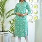 Designer Kurti Cotton Turquoise Buttons Kurtis