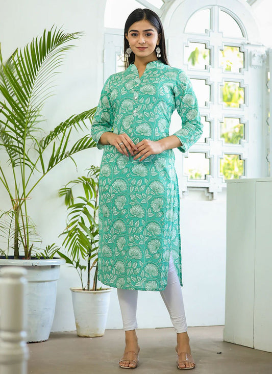 Designer Kurti Cotton Turquoise Buttons Kurtis