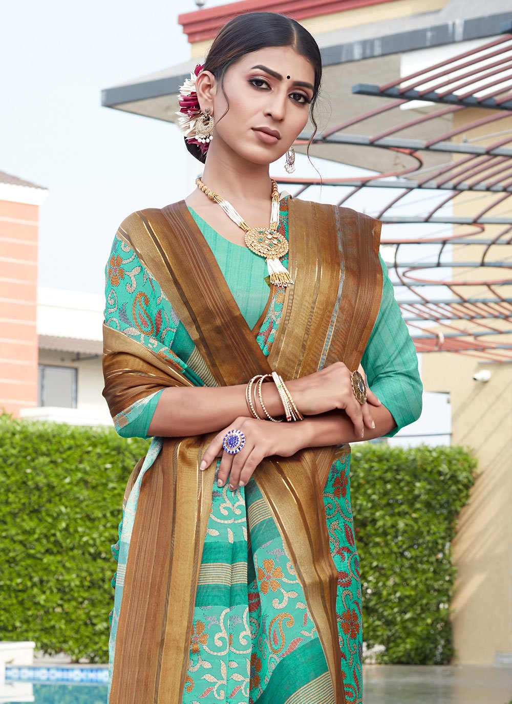 Trendy Saree Cotton Silk Turquoise Digital Print Saree