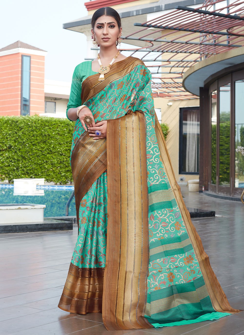 Trendy Saree Cotton Silk Turquoise Digital Print Saree