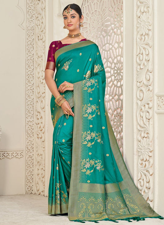 Contemporary Silk Turquoise Weaving Saree