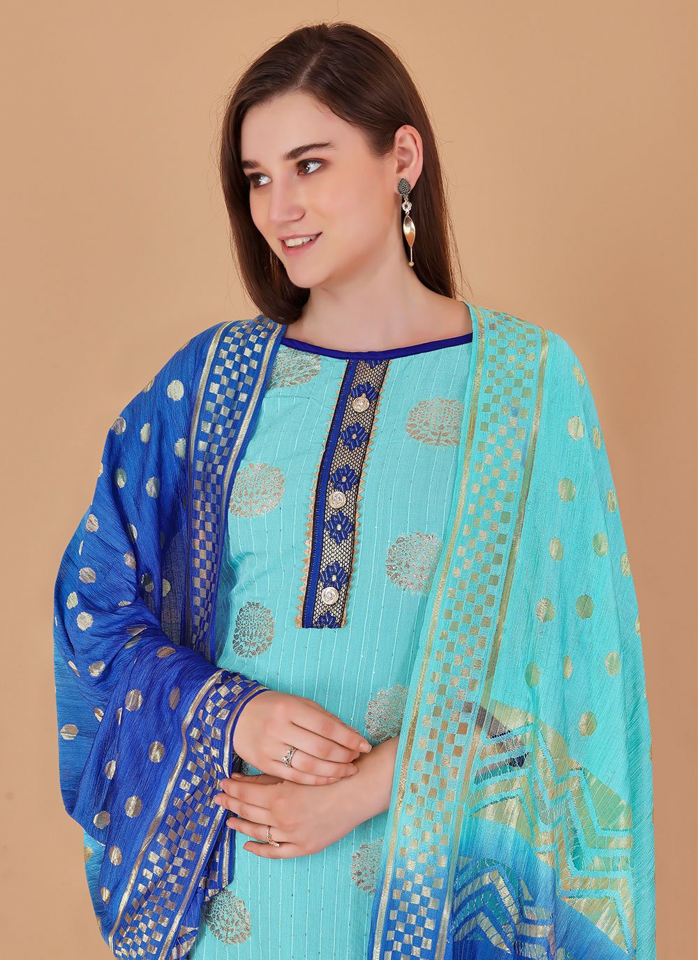 Salwar Suit Banarasi Silk Turquoise Booti Salwar Kameez