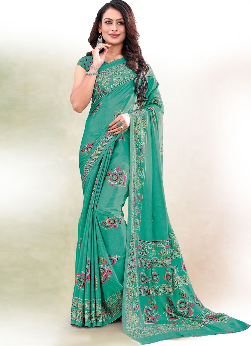 Classic Faux Crepe Turquoise Print Saree