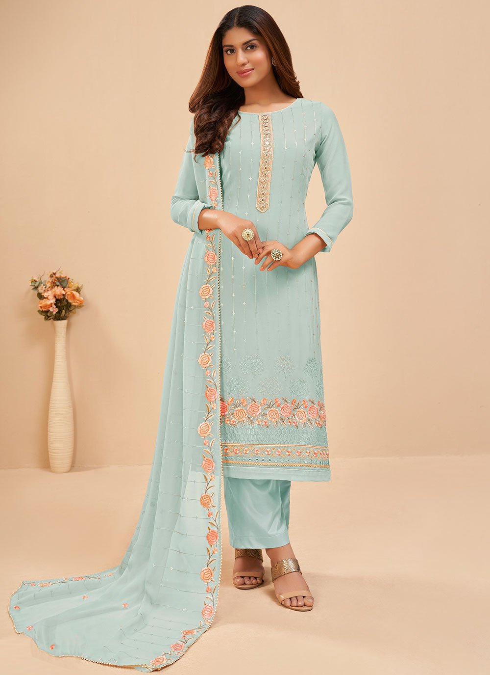 Salwar Suit Georgette Turquoise Embroidered Salwar Kameez