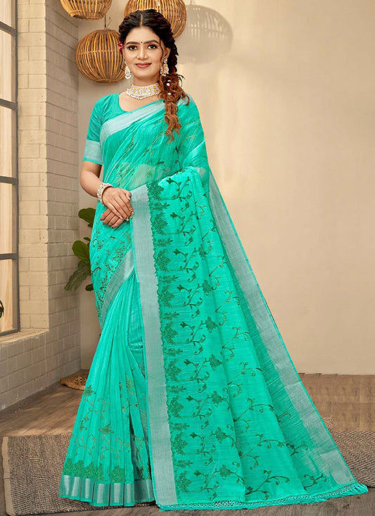Classic Chanderi Cotton Turquoise Embroidered Saree