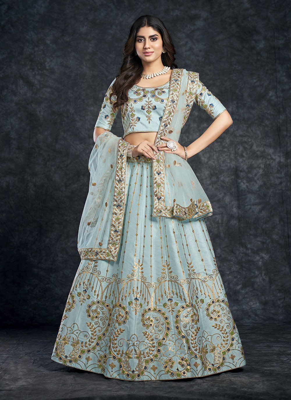 A Line Lehenga Silk Turquoise Diamond Lehenga Choli