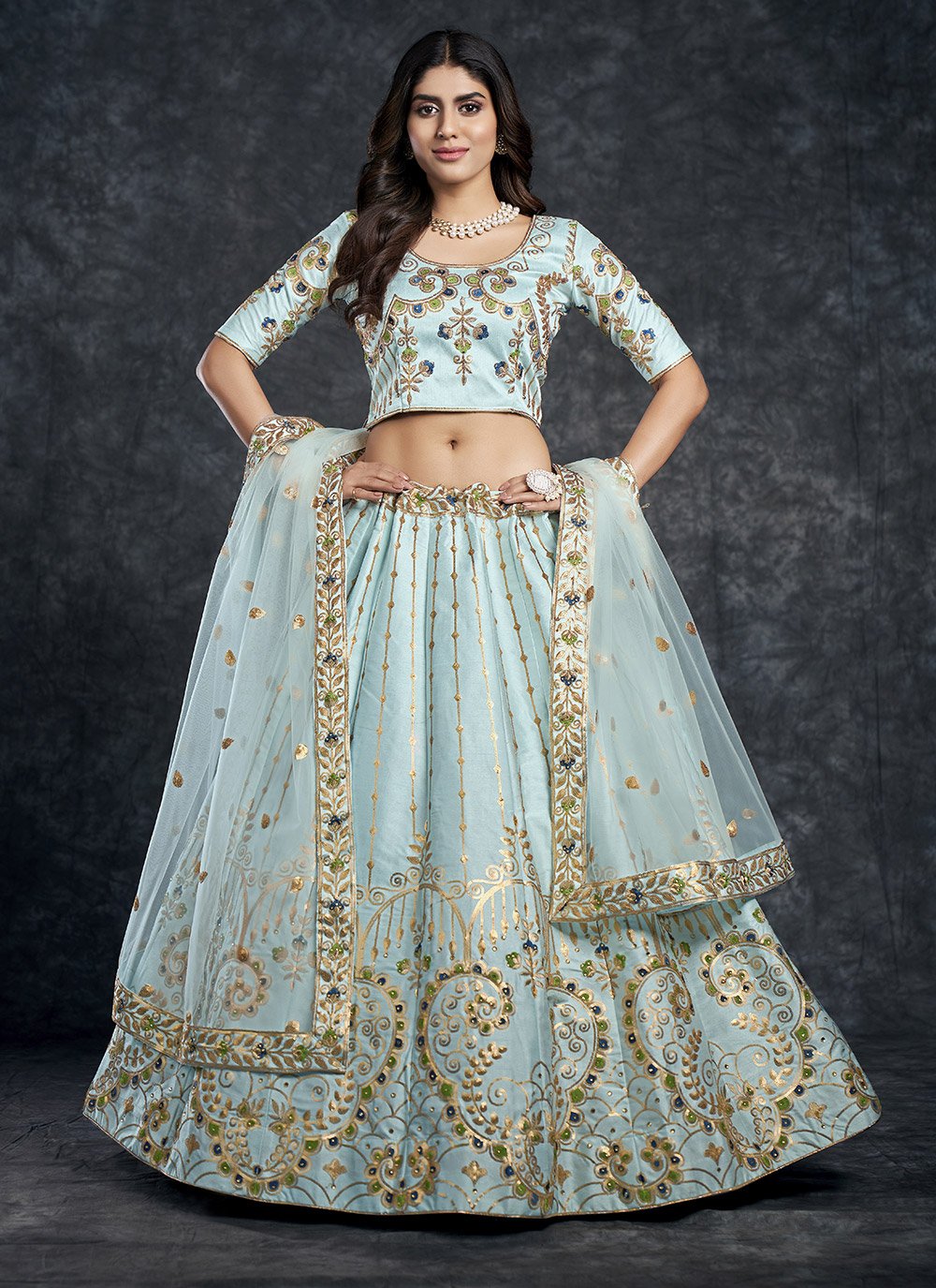 A Line Lehenga Silk Turquoise Diamond Lehenga Choli