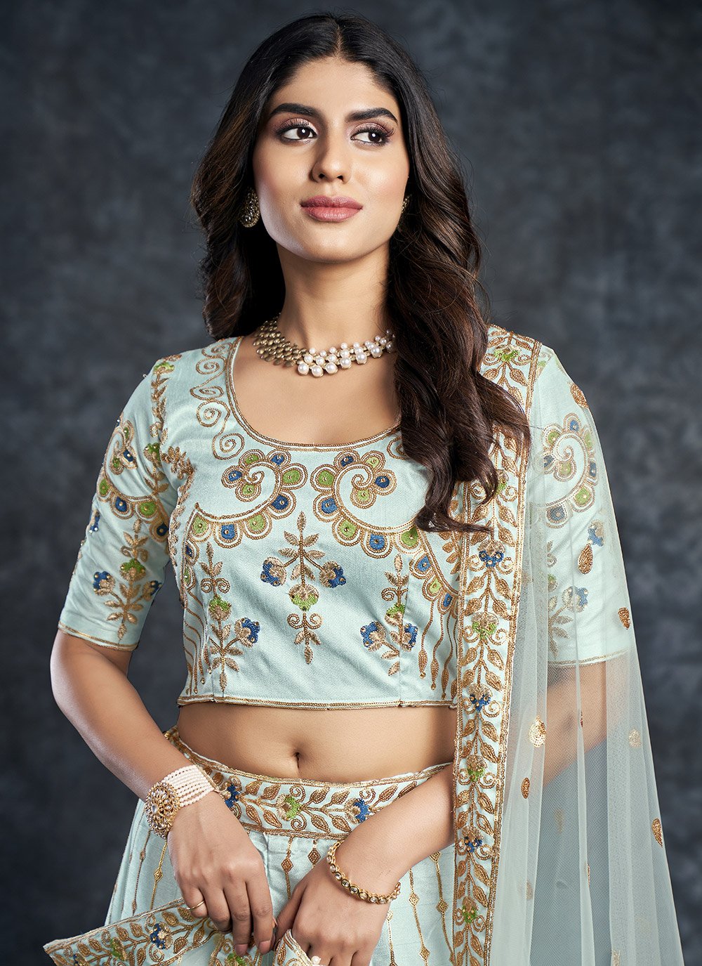 A Line Lehenga Silk Turquoise Diamond Lehenga Choli