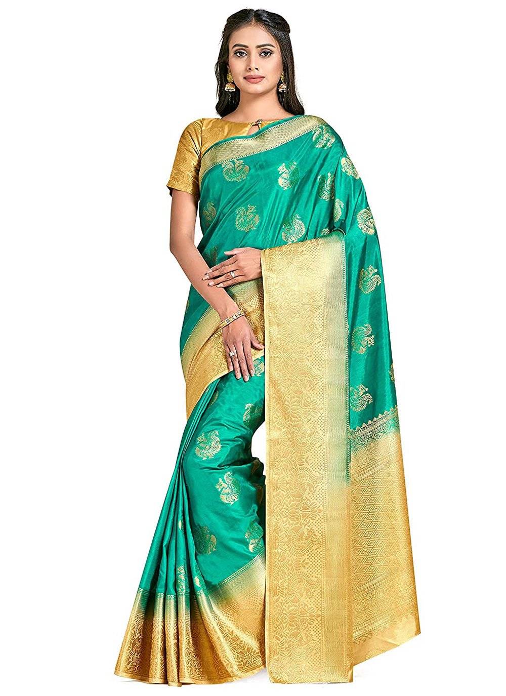 Contemporary Kanjivaram Silk Turquoise Zari Saree