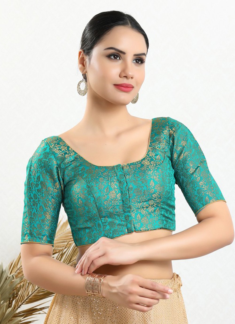 Designer Blouse Jacquard Turquoise Print Blouse