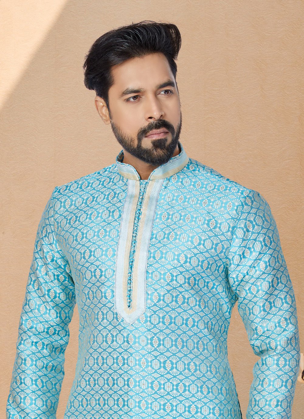 Kurta Pyjama Jacquard Silk Turquoise Jacquard Work Mens