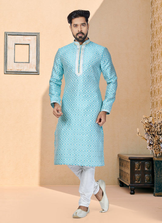 Kurta Pyjama Jacquard Silk Turquoise Jacquard Work Mens