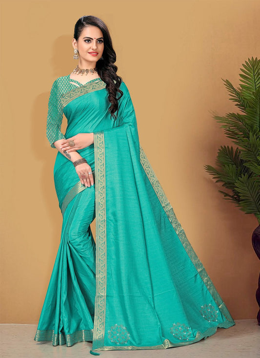 Traditional Saree Vichitra Silk Turquoise Lace Saree