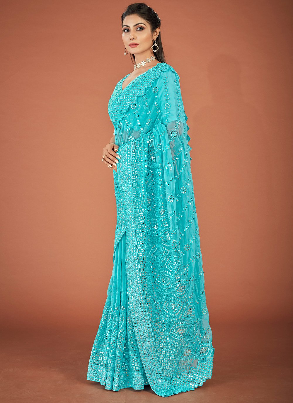 Trendy Saree Georgette Turquoise Lucknowi Work Saree