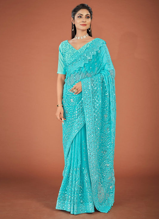 Trendy Saree Georgette Turquoise Lucknowi Work Saree