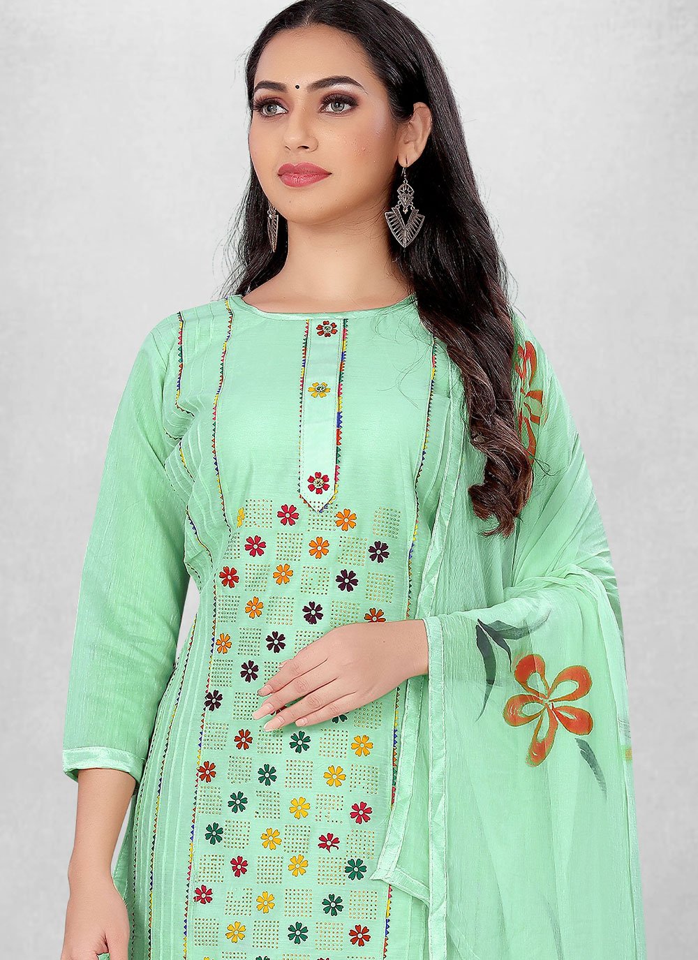 Churidar Suit Cotton Turquoise Hand Work Salwar Kameez