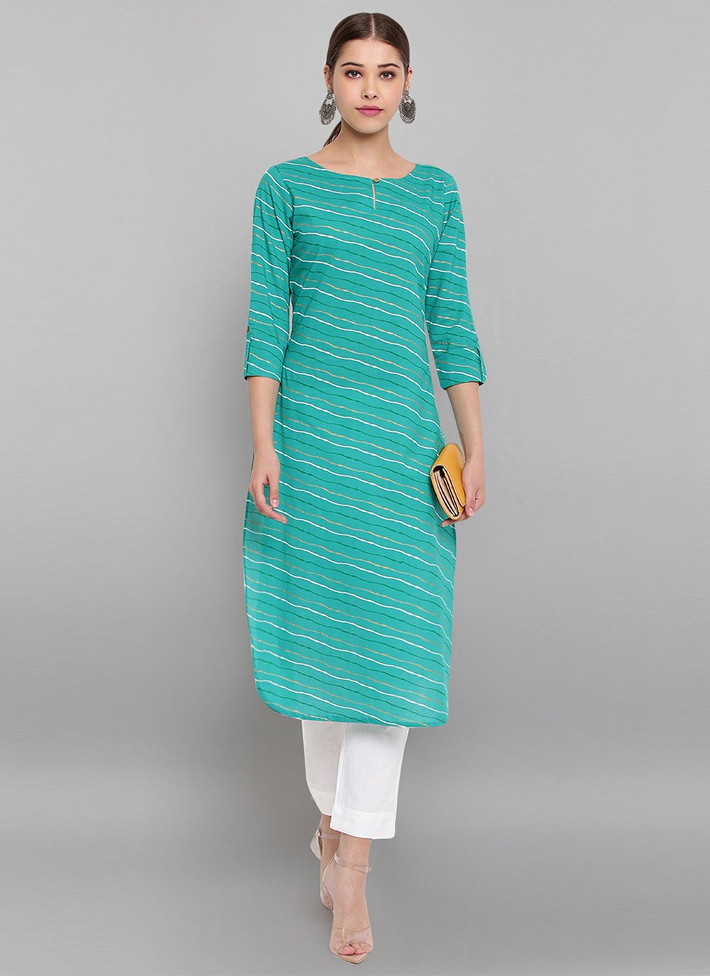 Party Wear Kurti Cotton Turquoise Print Kurtis